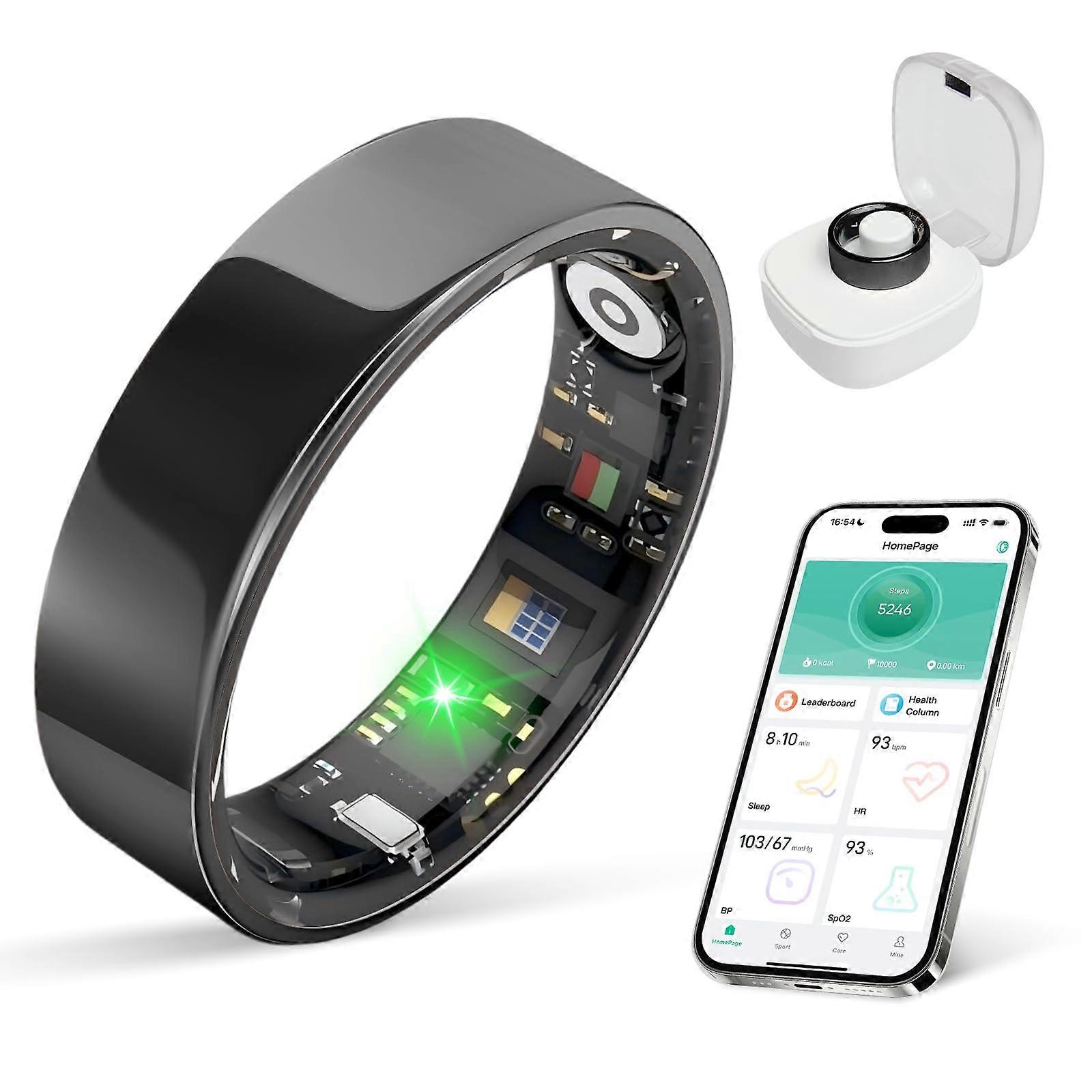 Smart Ring with Sleep and Heart Rate Tracking, 10Day Battery, 80m Waterproof, No Subscription, Black Size 7