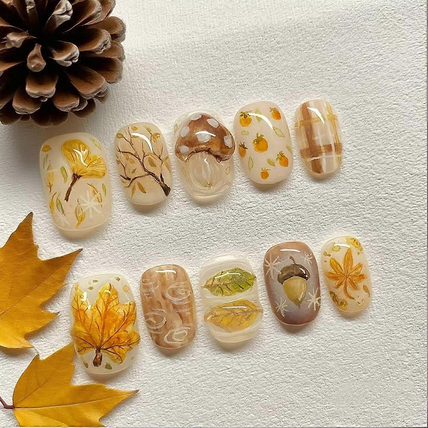 30pcs Fall Press On Nails Short Square Acrylic False Nails with Maple Leaf Design for Women