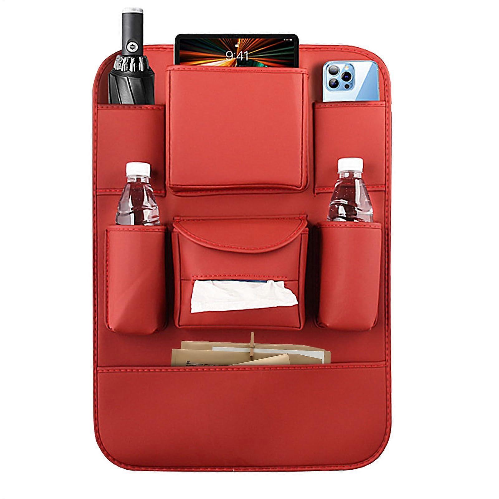 Leather Car Backseat Organizer with MultiPocket Storage, Seat Protector for Toys and Snacks, Red