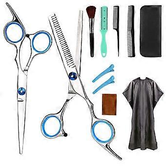 Ensemble de 11 pièces comprenant des ciseaux de coiffure professionnels, des ciseaux à effiler, un peigne rasoir, des pinces et une cape – Kit de barbier compatible avec tous les outils de salon.