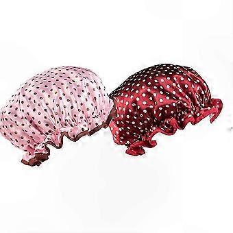 Waterproof Dots Design Bath Caps compatible with Women and Men, Elastic Shower Hat, Wine Red, 2 Pieces