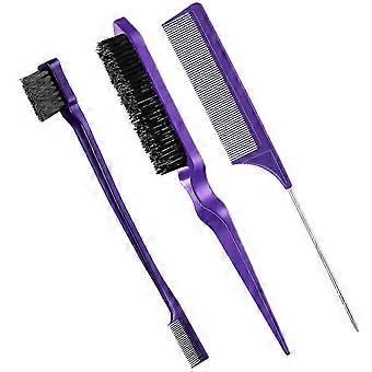 3 Pcs Slick Brush Set Bristle Hair Brush Teasing Comb Edge Hair Brush Grooming Combs Sturdy Rat Tail Comb (purple)