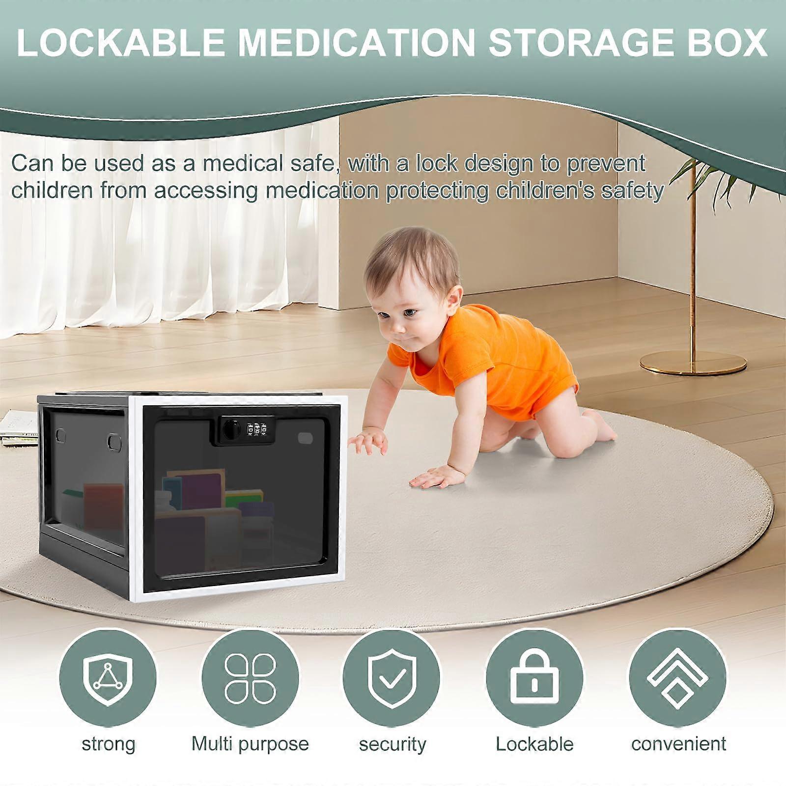 Large Lockable Storage Box with Keyless Combination Lock for Medicine, Stackable Transparent Design