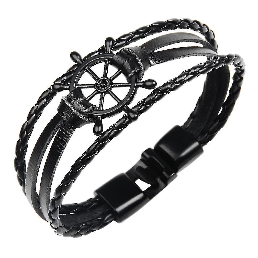 Multi-lap Black Leather Bracelet For Men Ruddle Design