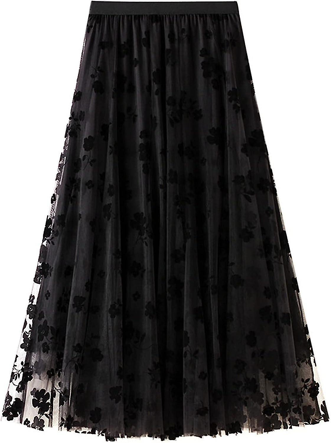 Womens Overlay Layered Tulle Skirt Elastic High Waisted A Line Midi Skirts Mesh Chiffon Pleated Dress With Flower Decoration