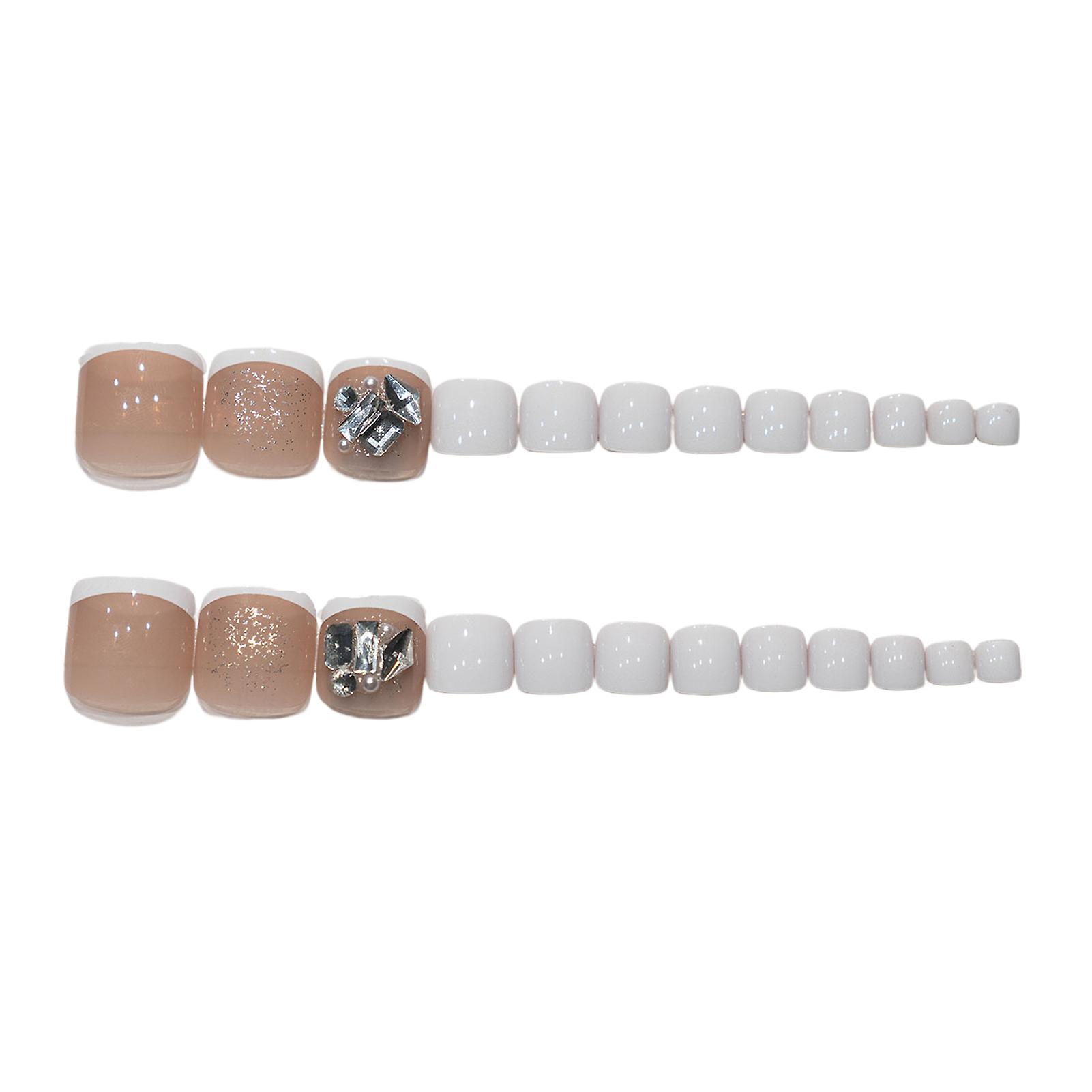 Rhinestone Decor White False Toenails Full Cover Square Artificial Nail Tips