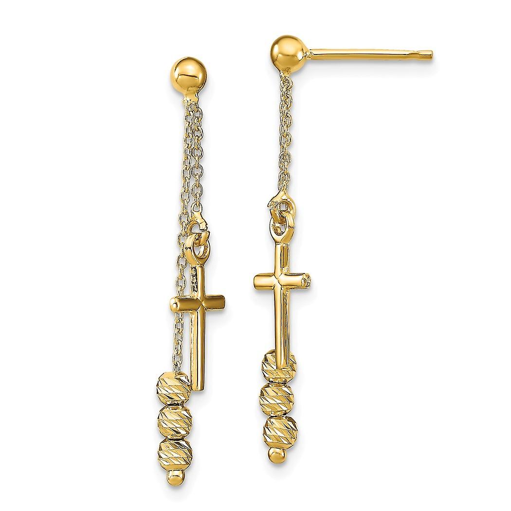 14 Karat Gold Polierter Glitzerschliff Religiöser Glaube Kreuz Perlen Post Long Drop Dangle Ohrringe 31,99 x 6,49 mm Breit baumelnde Ohrringe