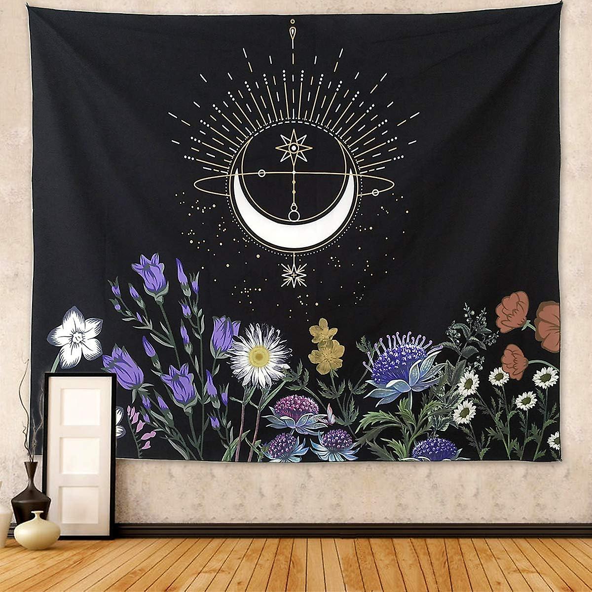 Blommig gobeläng Månblommor Gobeläng Vägg hängande hippie växter Väggtapet Vintage Svart gobeläng för sovrum Vägghängning för meditation (blomma, 