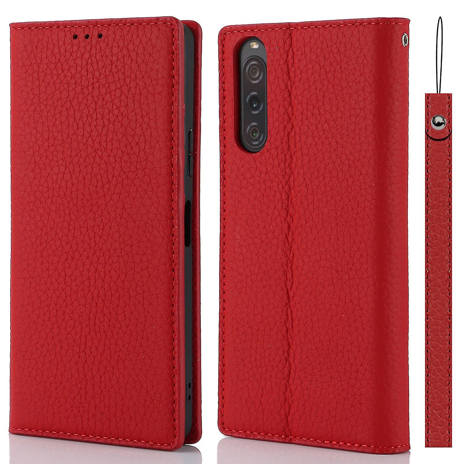 Flip Cover compatible with Sony Xperia 10 V Litchi Texture Genuine Cow Leather Phone Case Stand Wallet With Strap