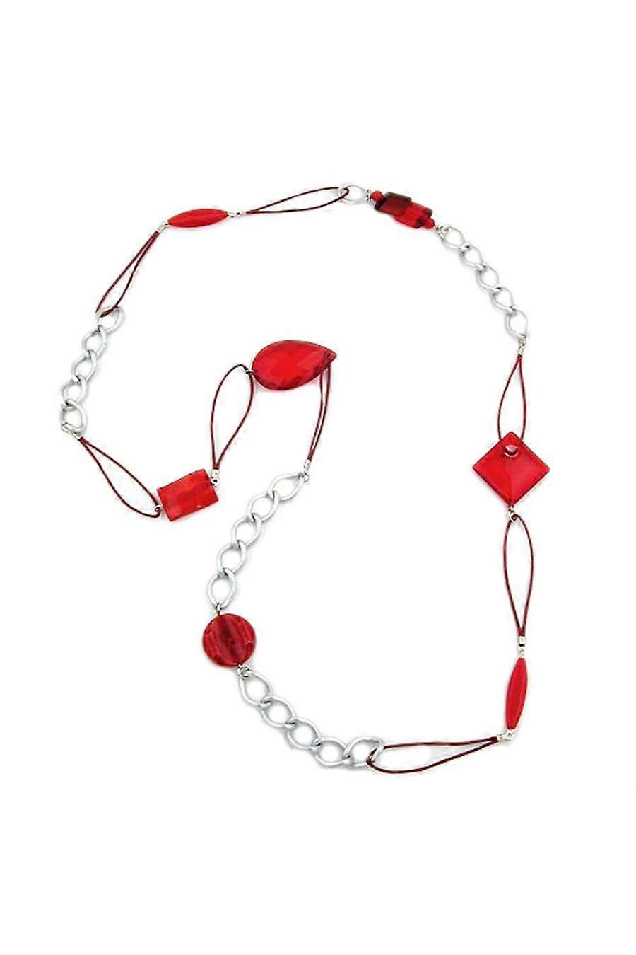 Necklace Red Bead Silver Curb Chain 100cm - Gl02518