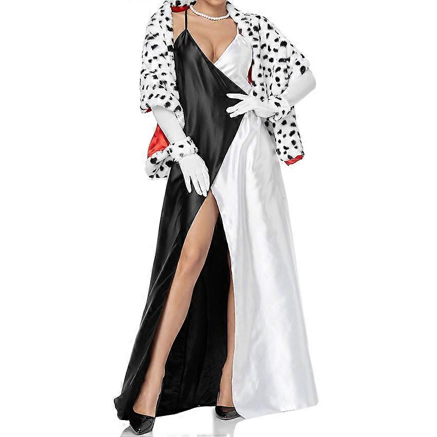 クルエラ101ダルメシアンドレススカートマントハロウィーンコスチューム女性大人魔女クルエラコスプレアニメかつらフィギュアローブケープ