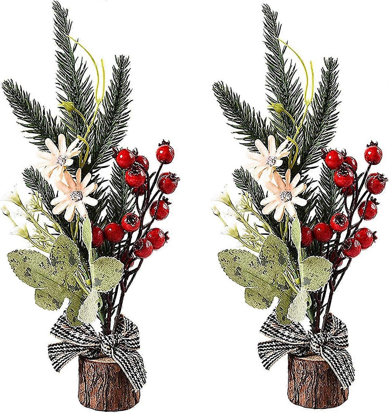 Set of 2 Mini Artificial Christmas Trees, 9.5 '', with Wood Base and Flower, Crafts, Home Decor, A2