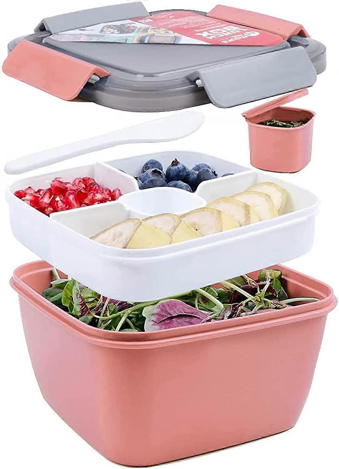 52 OZ to Go Salad Container Lunch Container, BPA-Free, 3-Compartment Salad Bowl with Dressing Container, Built-in Reusable Spoon Pink