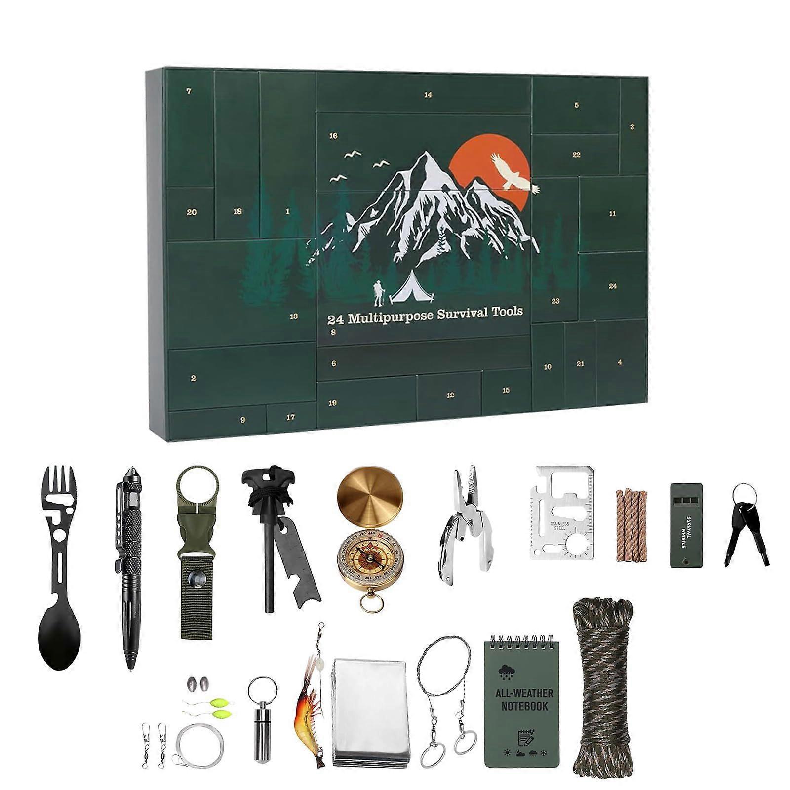 Survival Kit Advent Calendar For Men - 24 Days Of Outdoor & Tactical Tools | Christmas Countdown Gift For Campers, Preppers
