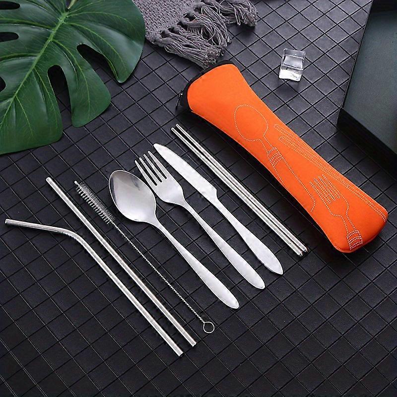 7pcs/set, Flatware Set, Stainless Steel Portable Tableware Set, Knives, Forks, Spoons, Chopsticks, Straws, Cleaning Brush, Silverware Cutlery Set For