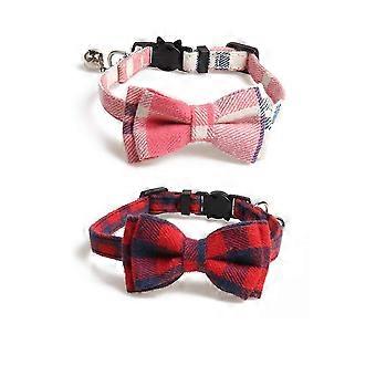 2pcs Fliege und klassisches kariertes Katzenhalsband mit Glocke verstellbares Halsband für Katze - Rot & Rosa-c