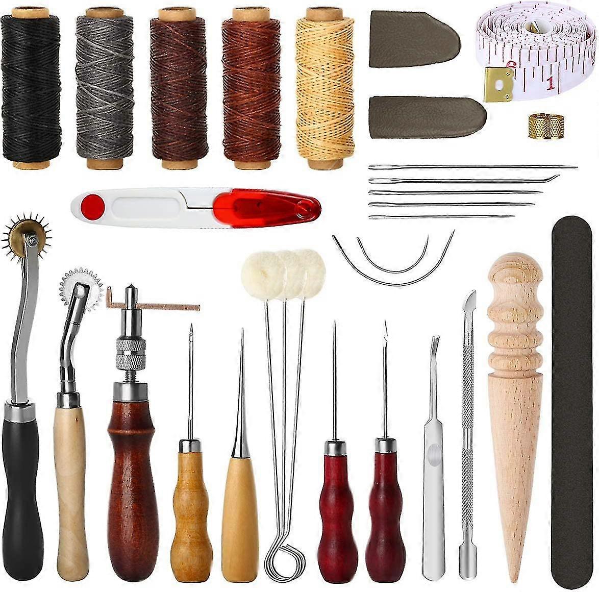 31 Pcs Leather Sewing Tools Diy Leather Craft Tools Hand Stitching Tool Set With Groover Awl Waxed Thread Thimble Kit