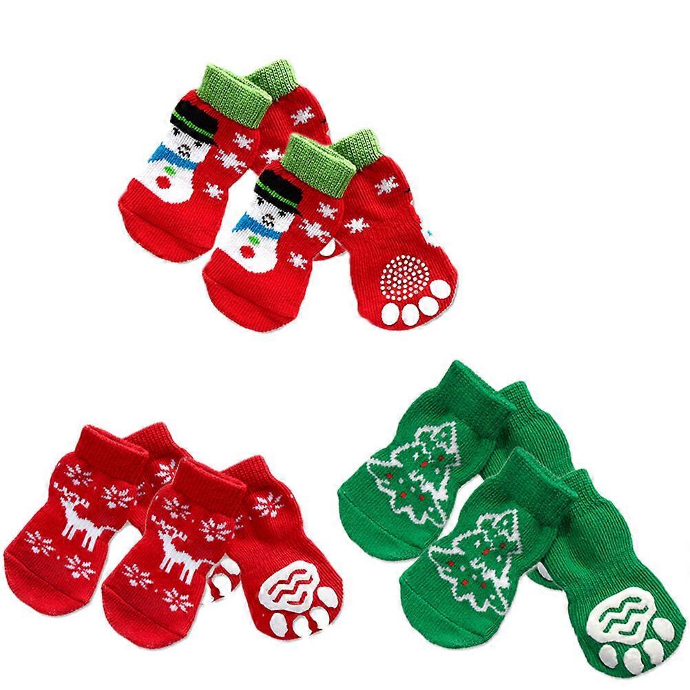 4 Sets of Pet Dog Puppy Cat Non-Slip Cotton Socks with Christmas Pattern Size XL (Christmas Snow Man + Christmas Deer + Christmas Tree)