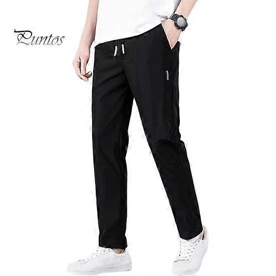 Men Pants Ice Silk Straight Thin Side Pockets Drawstring Elastic Waist Slim Fit Solid Color Quick Dry Gym Traning Jogging Sweatpants Long Trousers
