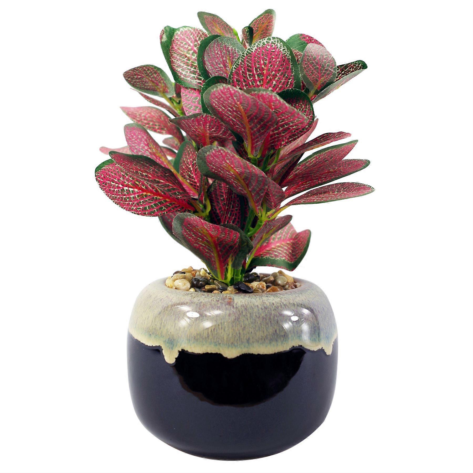 22cm Ceramic Drip Glazed Planter with Artificial Red Mosaic Plant