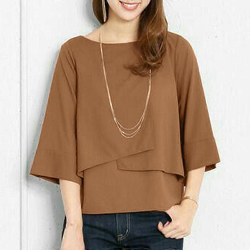 ZANZEA Women's Casual Round Neck Double Layer Half Sleeve Solid Color Loose Top