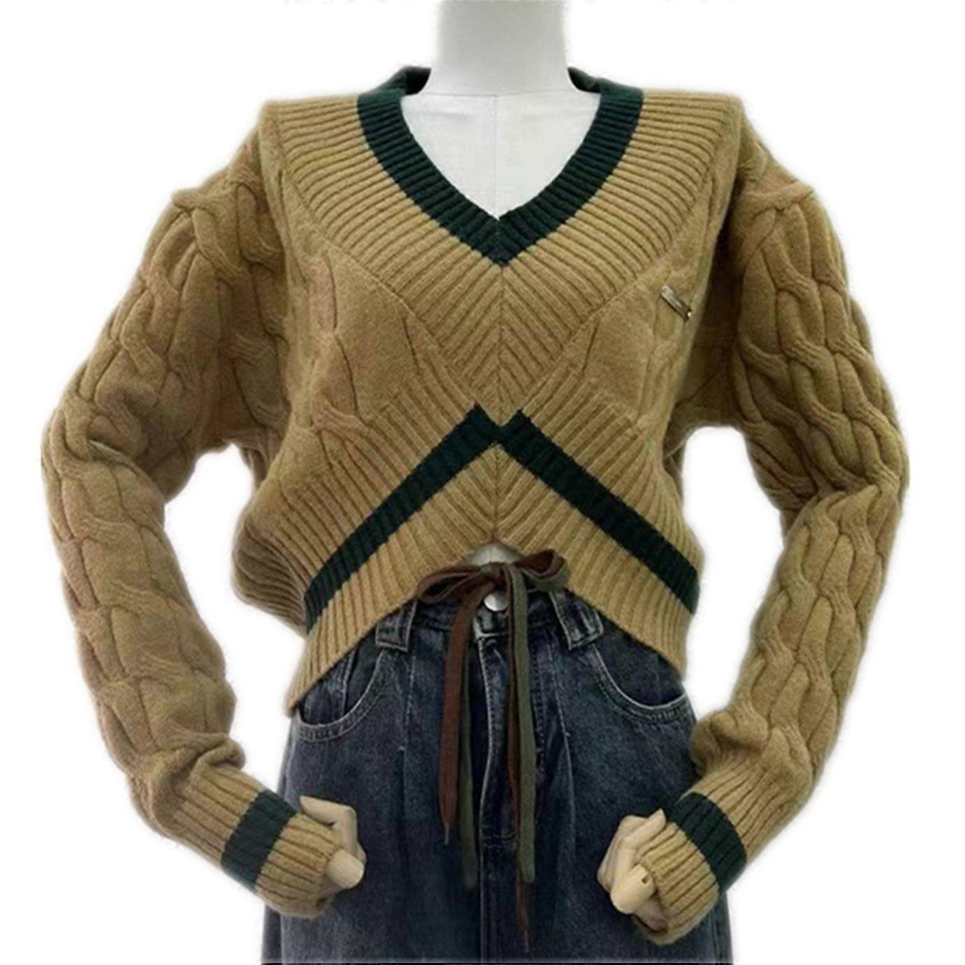 Women's V Neck Cropped Sweater Plunging Knit Pullover Jumpers