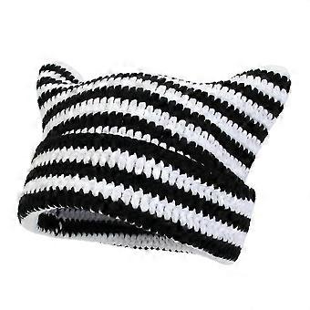 Women's knitted beanie cat ear beanie winter warm beanie beanie, black and white