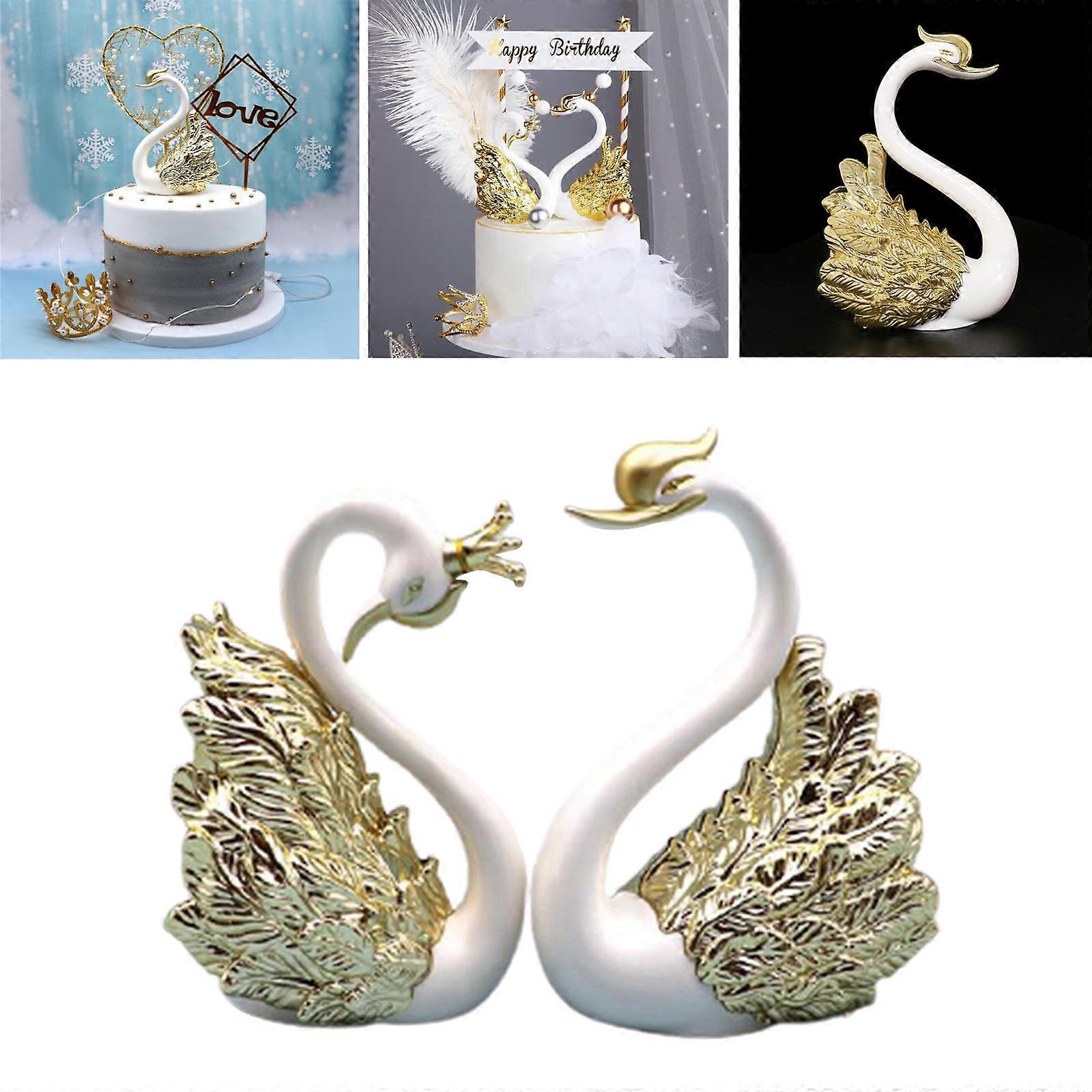 2x Romantic Crown Swan Cake Topper Baking Decorative Tabletop Decor Golden