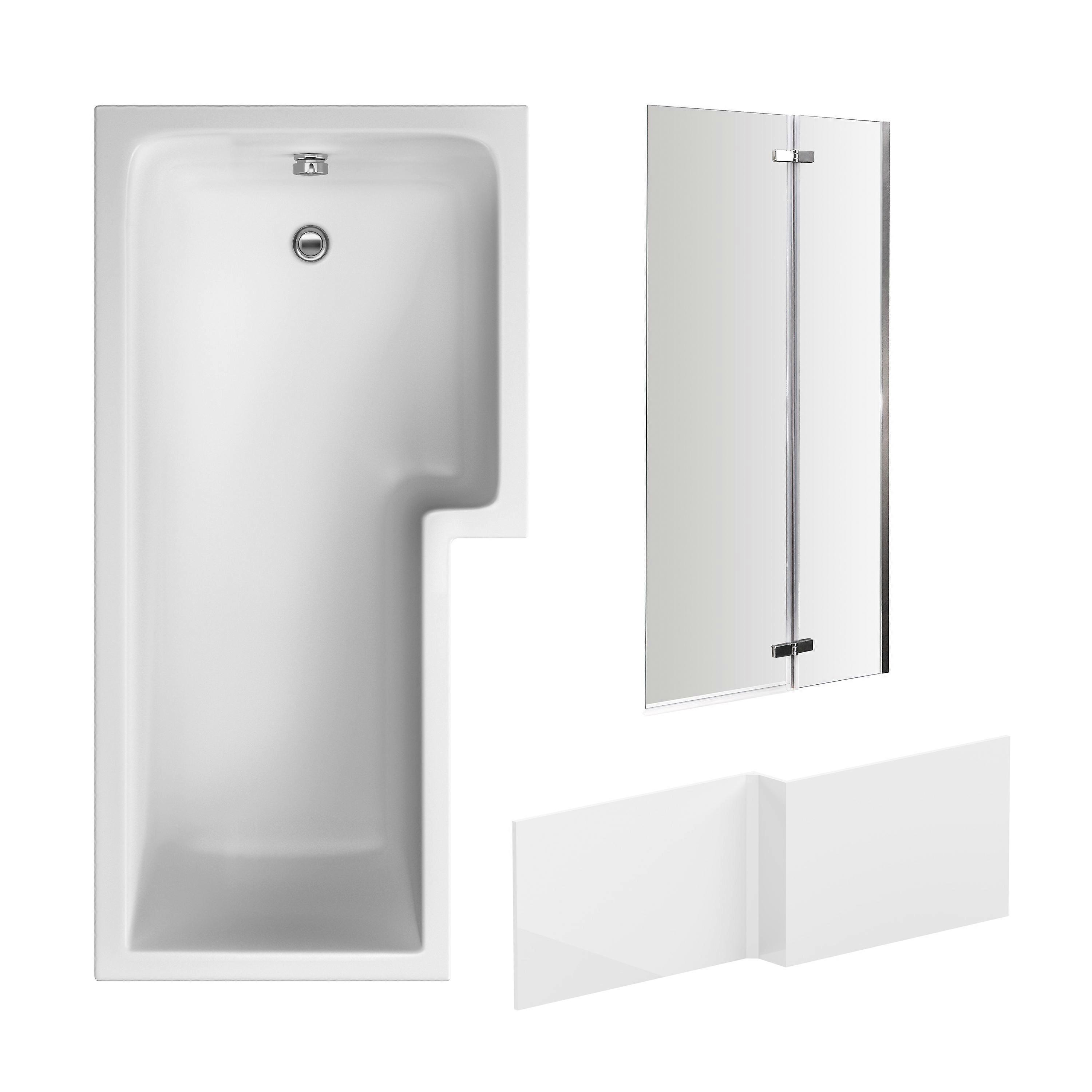 L Shape 1700x850 Shower Bath Set - Front Panel & Chrome 2 Panel Center Hinge Screen, Right Hand