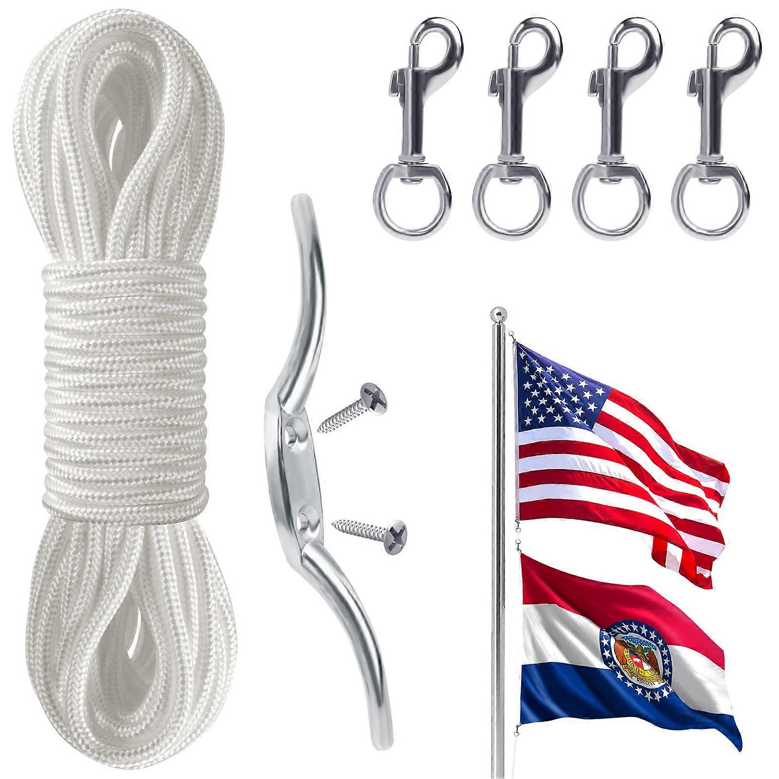 Flagpole Rope and Clip Set 50 Ft Rope, Lock Hook, 4 Swivel Clips for 25 Ft Flagpoles, Veranda Flagpole Hardware