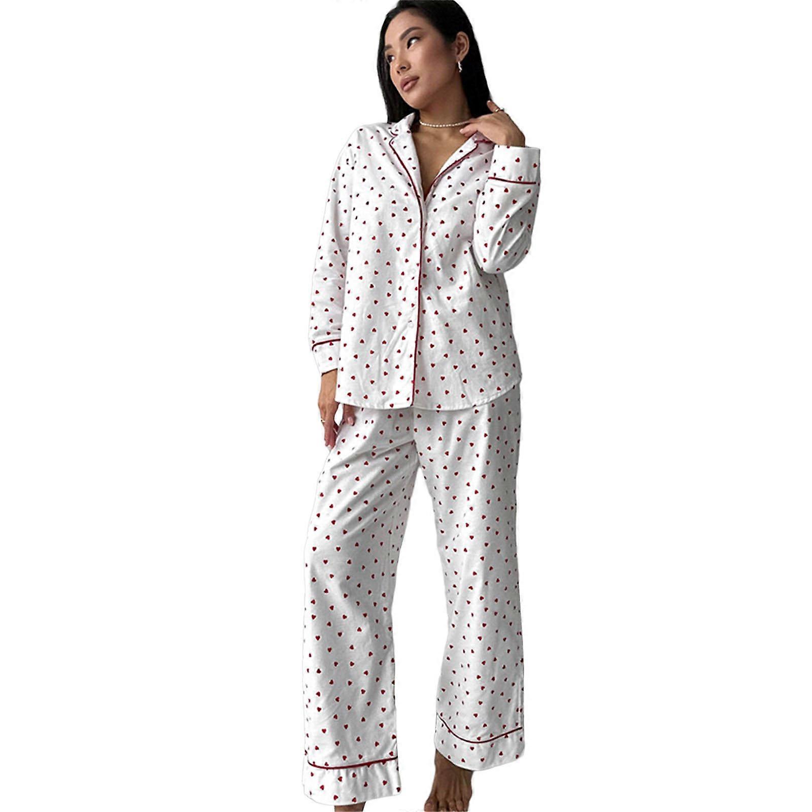 Womens Autumn 2Pcs Cute Heart Print Long Sleeve Button Up Shirt and Long Pant Pajamas Set Sleepwear Nightwear Red S