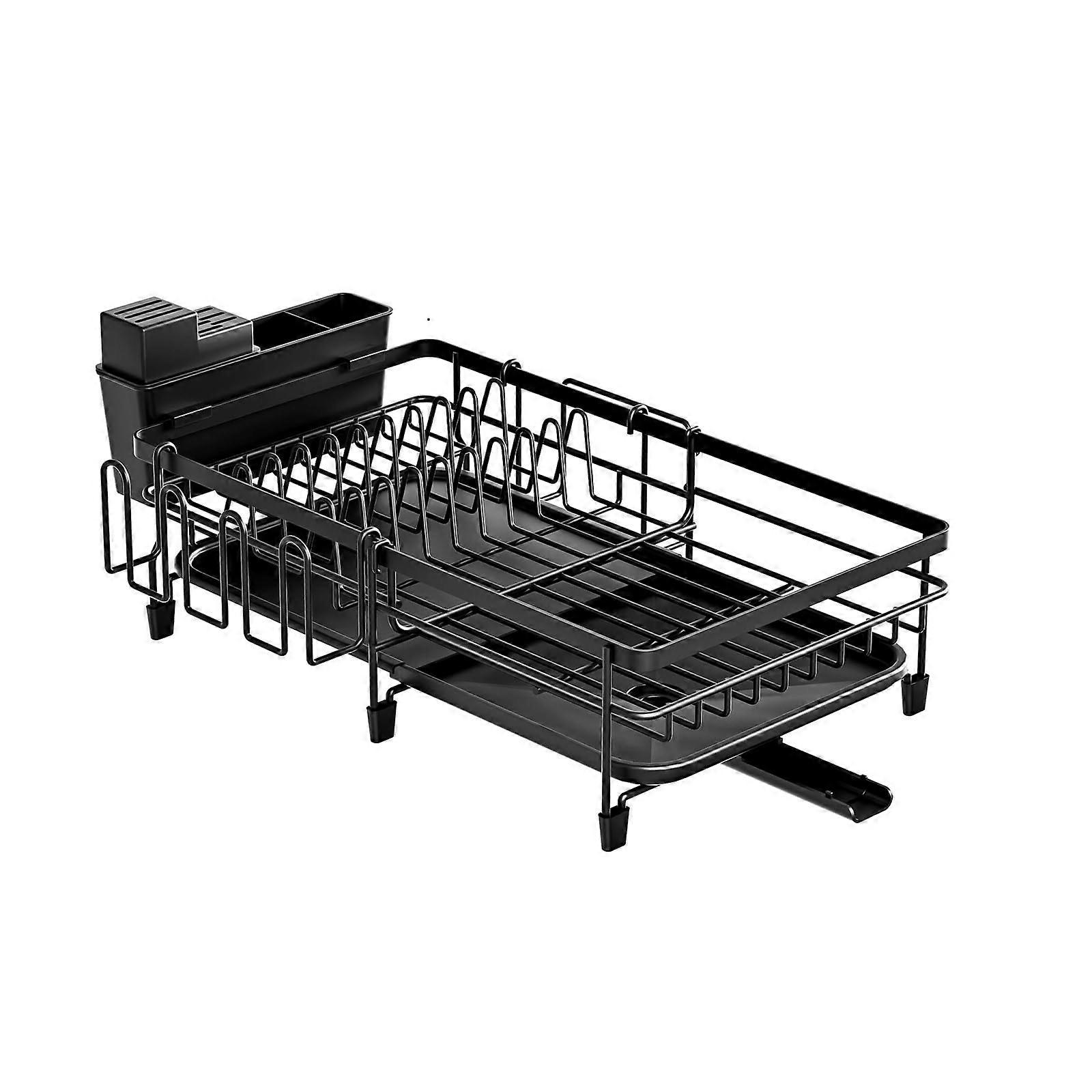 Dish Drying Rack - Large Extendable Dish Rack for Kitchen Counter, 20.8" L x 11.8" W, Black with Cutlery & Cup Holders