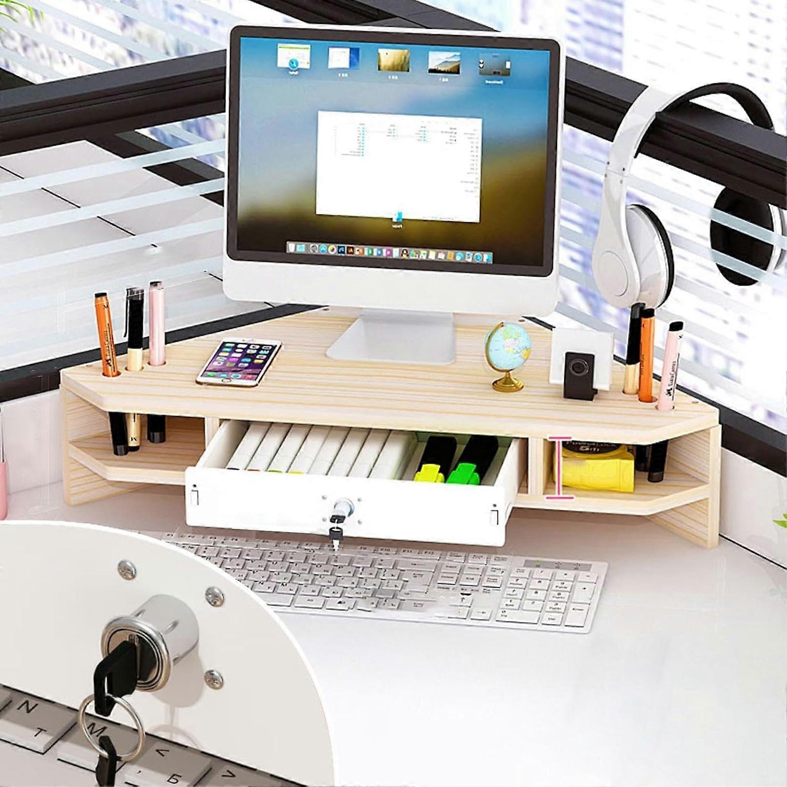 2 Tier Triangular Monitor Stand, Ergonomic Corner Monitor Stand with Lockable Drawer, Desk Storage Shelf for Study Room/Office, Maple