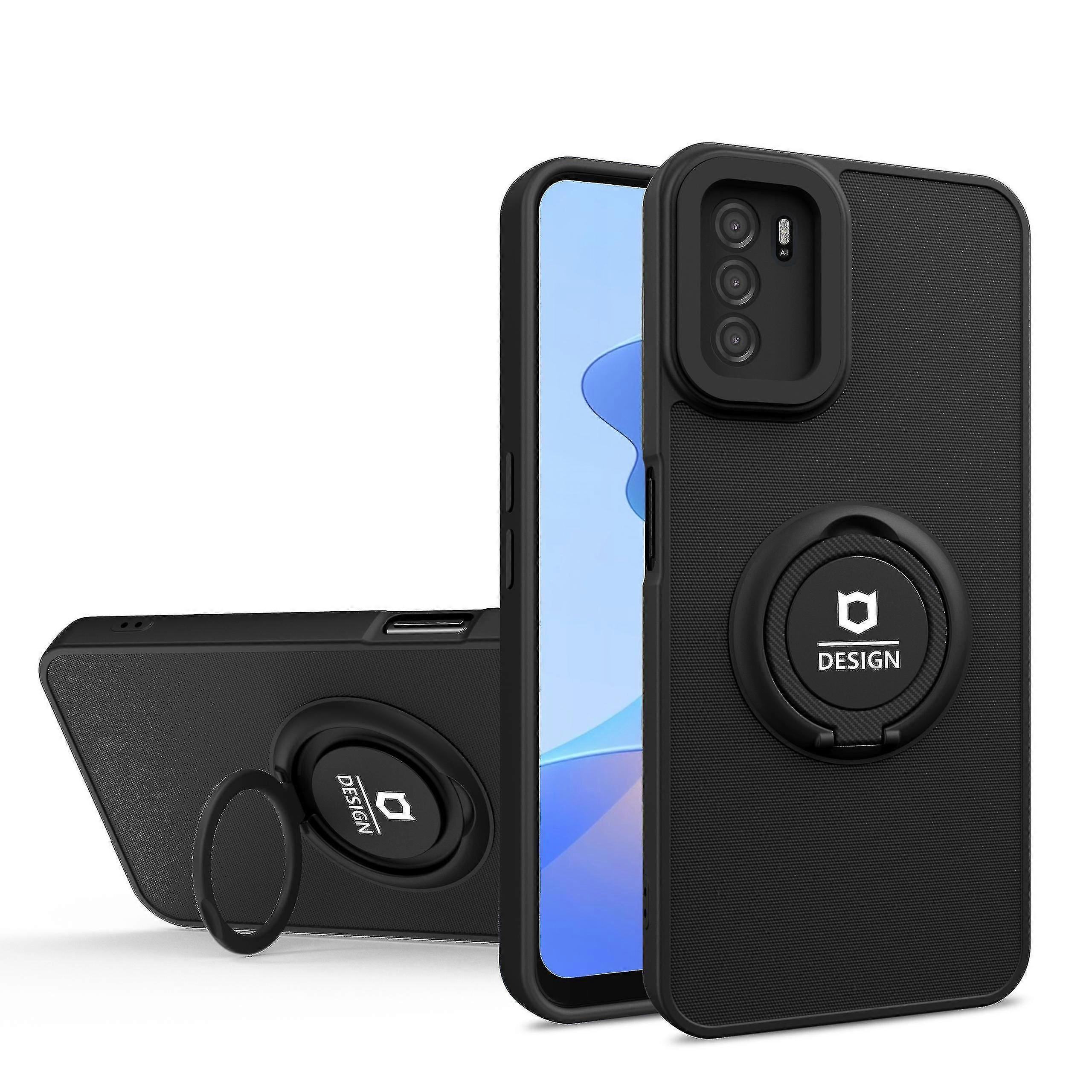 For Oppo A16/a16s/a54s Finger Ring Kickstand Well-protected Hard Pc + Flexible Tpu Phone Case Shell - Black/black