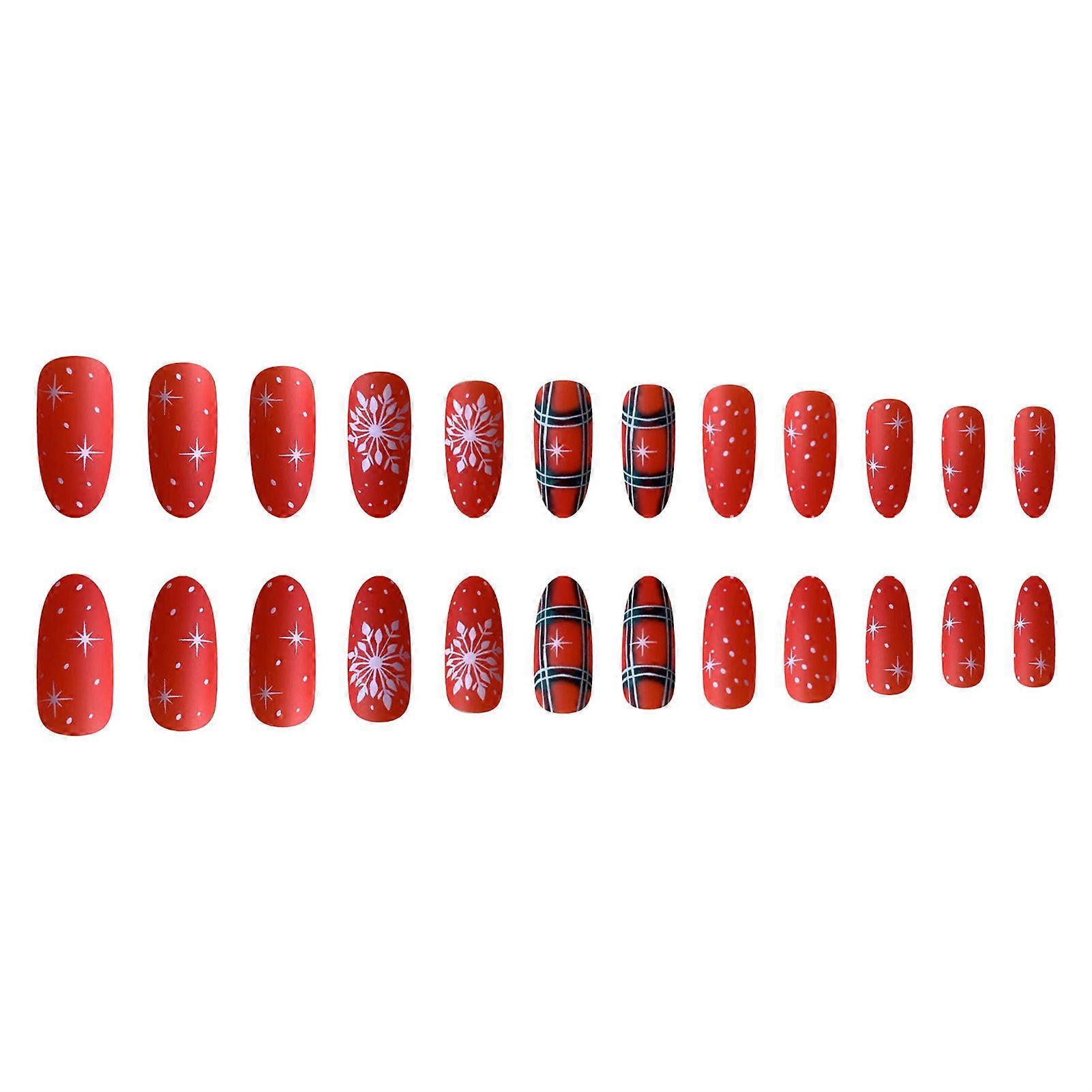 Red Oval False Nails with Snowflake Printed Long Lasting Safe Material