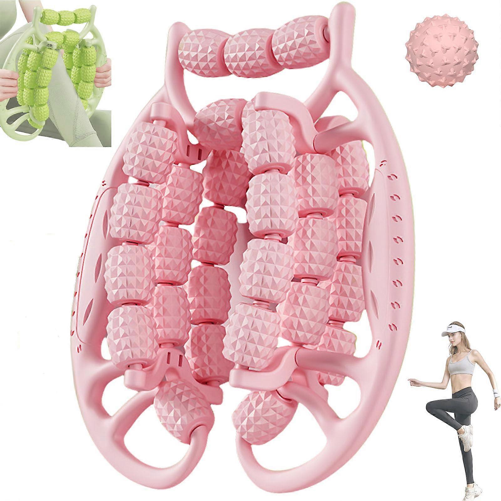 Circular Leg Clamp Massager with 29 Wheels, Deep Tissue Body Roller for Muscle Recovery, Sports and Yoga Equipment in Pink