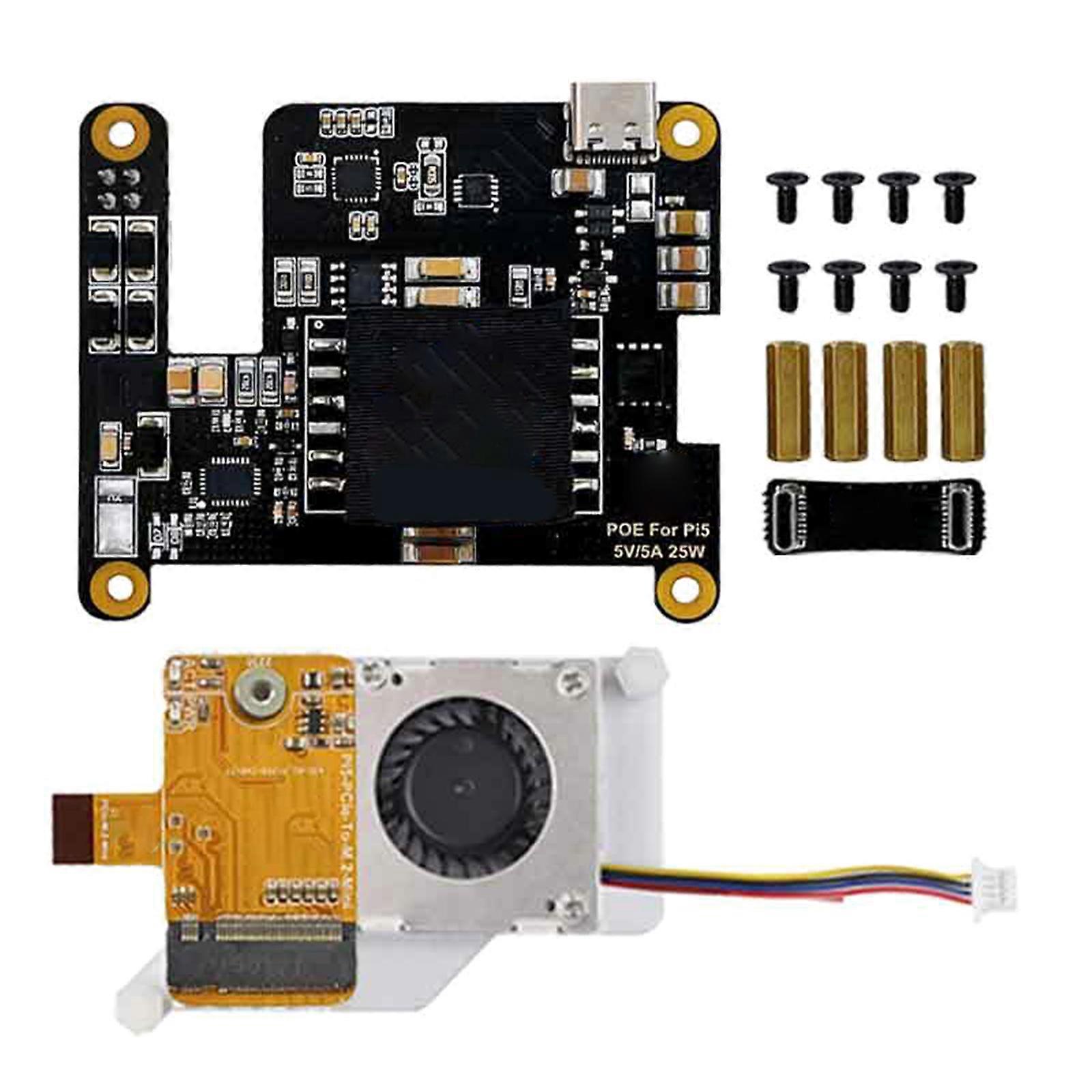 Ethernet PCIe M.2 NVMe SSD Adapterplatine für RPI 5 Erweiterung mit aktiver Kühlung Kühlkörper Typ C Anschluss