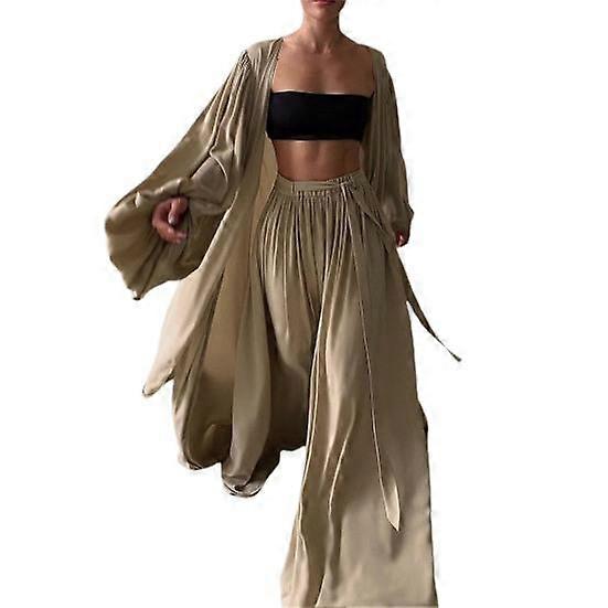Women Outfit Solid Color Long Sleeve Cardigan Tube Top Wide Leg Pants