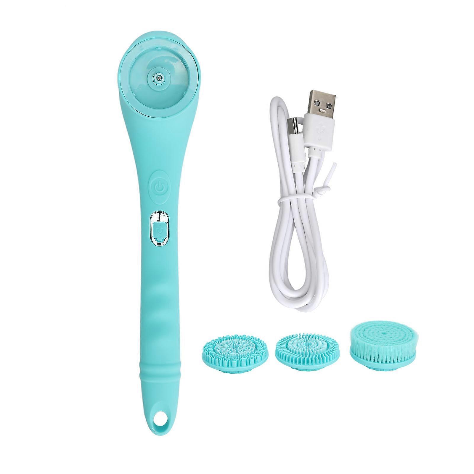 Electric Shower Brush Set Long Handle Waterproof Body Cleansing Scrubber with 3 Replaceable Heads for Dead Skin Removal Blue