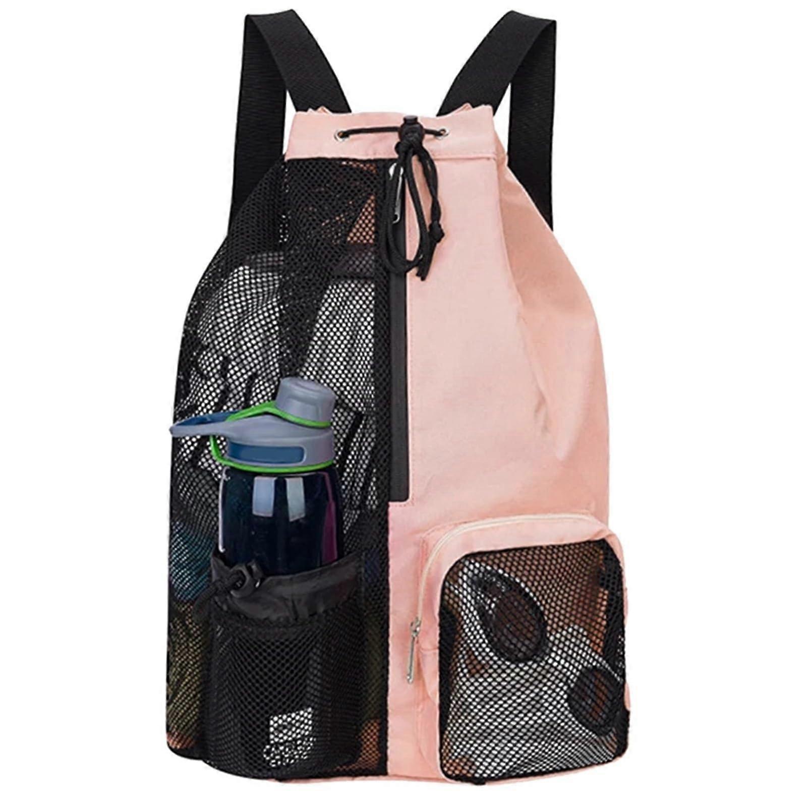 waterproof multipurpose bag Sport Gym Bag drawstring beach storage backpacks with wet pockets thickened mesh lightweight comfortable (Pink)