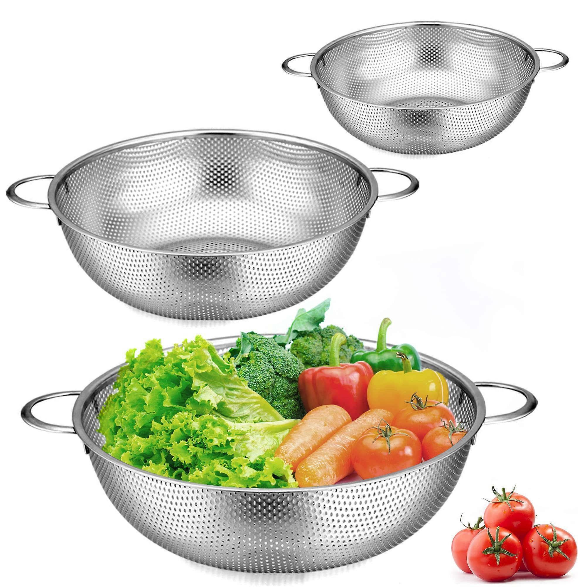 Stainless Steel Kitchen Strainer Set of 3, Micro-Perforated Colanders with Handles, 16cm/22cm/28cm, Dishwasher Safe