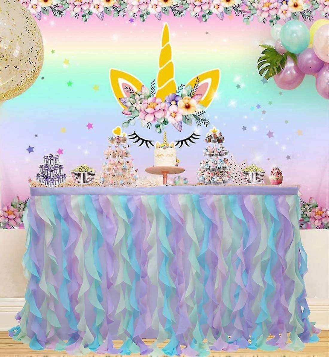 2024 6ft Rainbow Unicorn Curly Willow Table Skirt Tulle Table Skirt For Rectangle Table