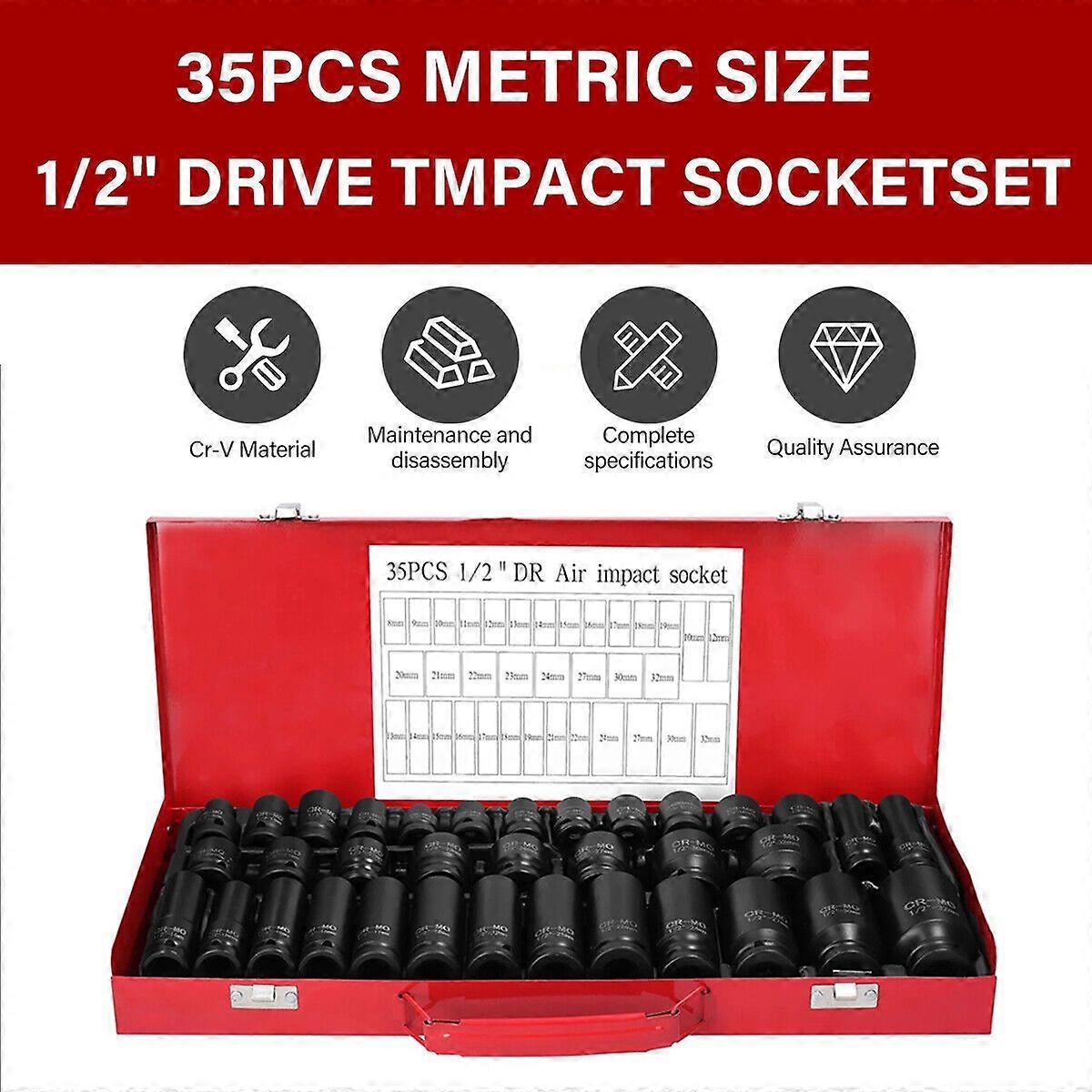 35 יחידות 1/2 אינץ' 8 ~ 32 מ"מ כונן מטרי סט כלי שקע השפעה עמוקה מוסך כרום פלדה MK26062