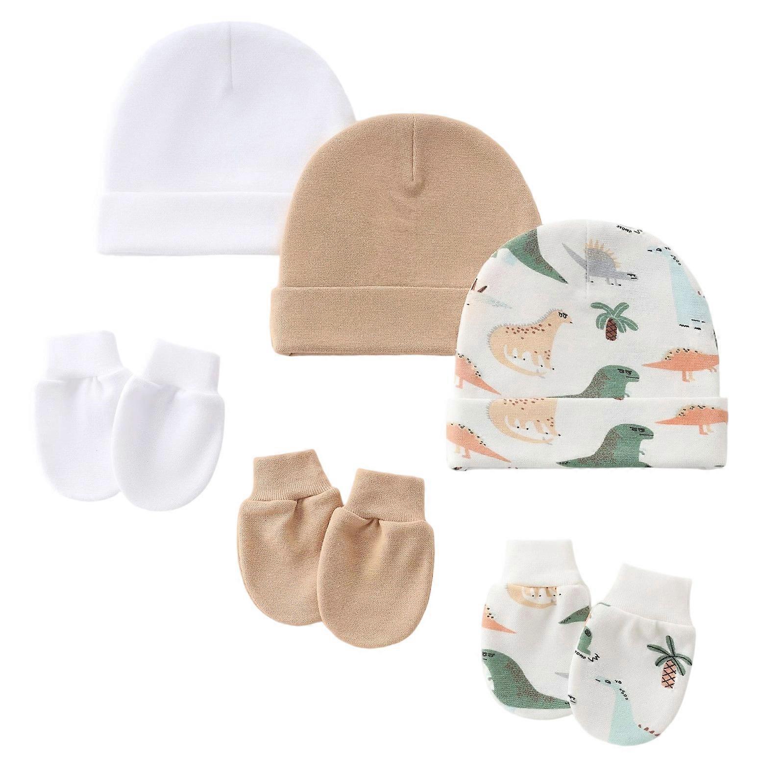 Set of 3 Elastic Infant Fetal Hat with Matching Mittens Soft Fabric Shower Gift for Delicate Skin Neutral Color Option