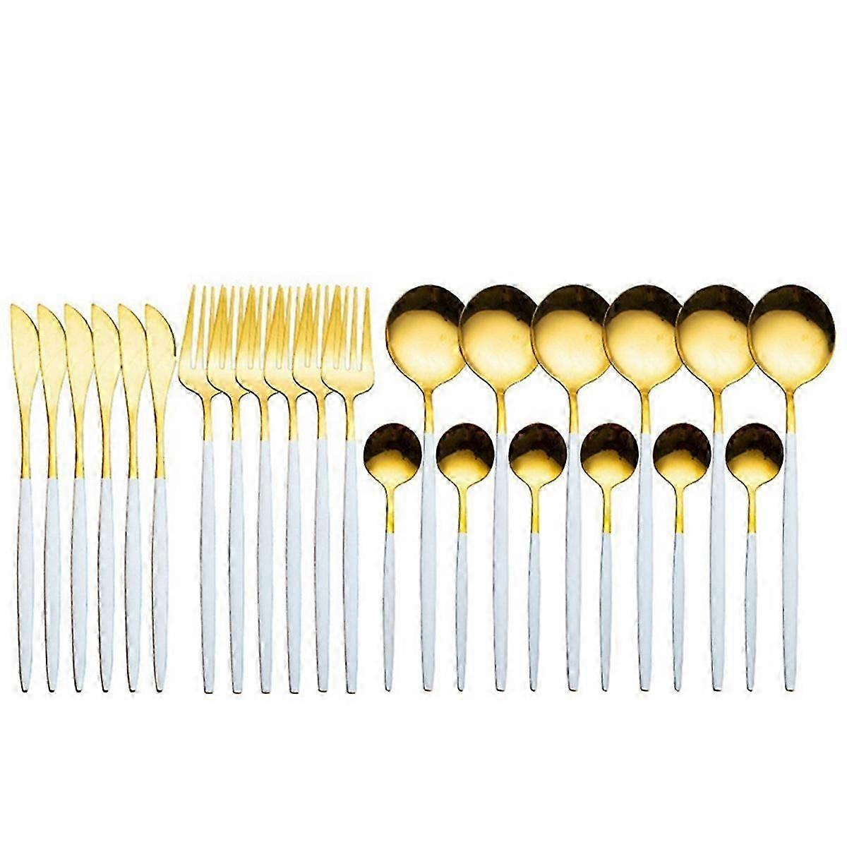 24Pcs Stainless Steel Dinnerware Set Silverware Flatware,White-Gold