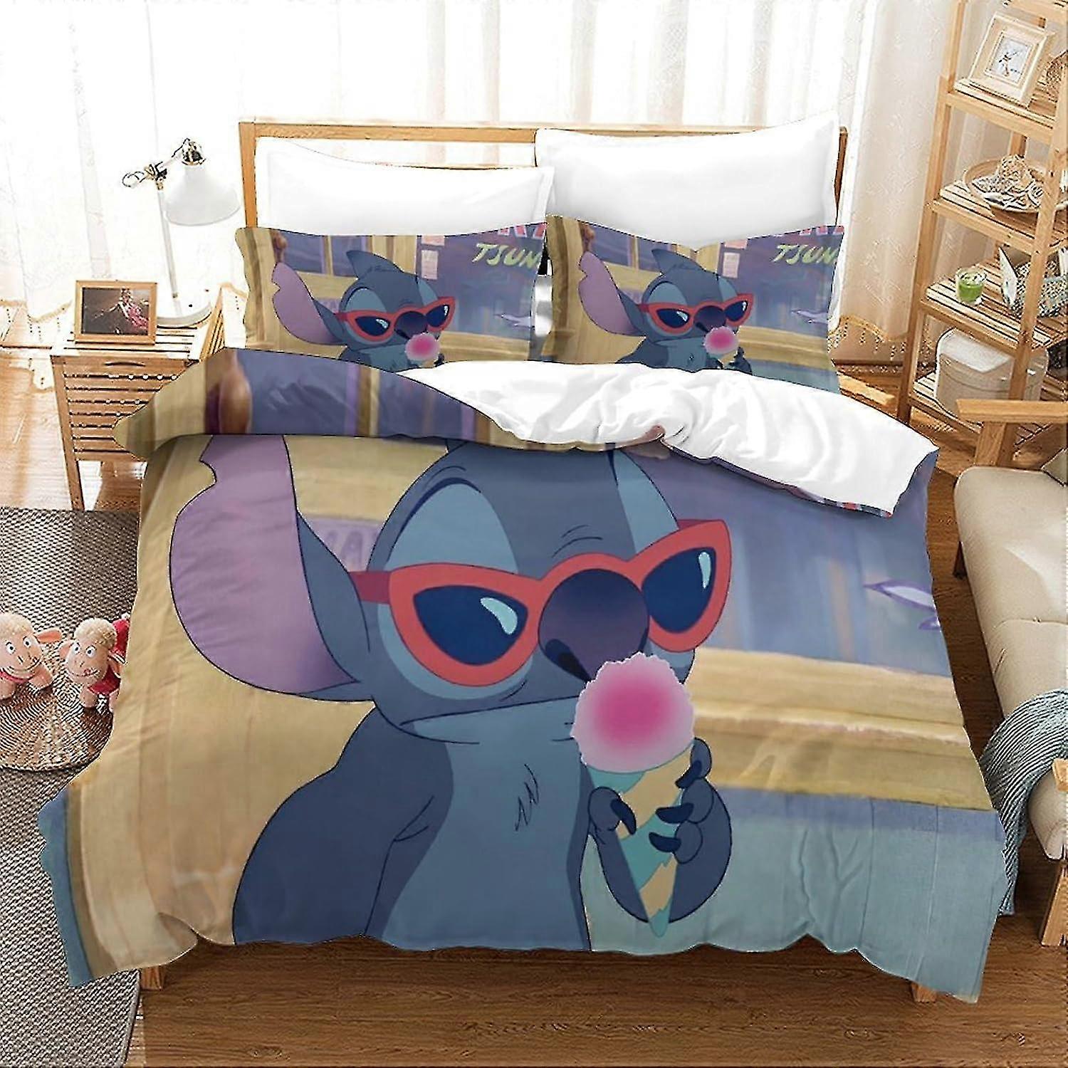 Double Size Duvet Cover Set with Stitch Print, Soft Microfiber Bedding Set for Boys, Girls, and Adults