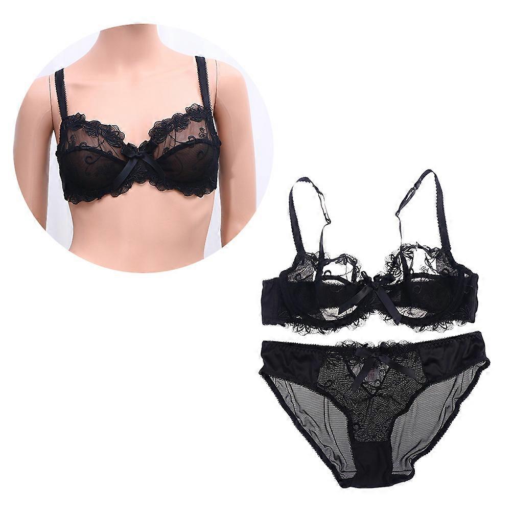 Set Sheer Knot Bralette and Underwear For Daily Wear Black 1Set