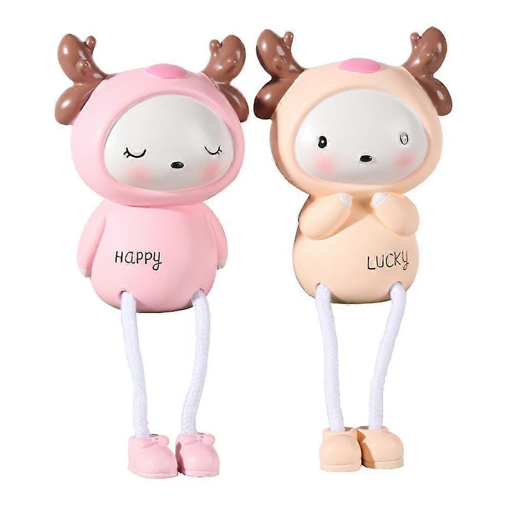 Cartoon Resin Deer Figurine Home Ornaments Bedroom Bookshelf Pink Resin Material 2Pcs