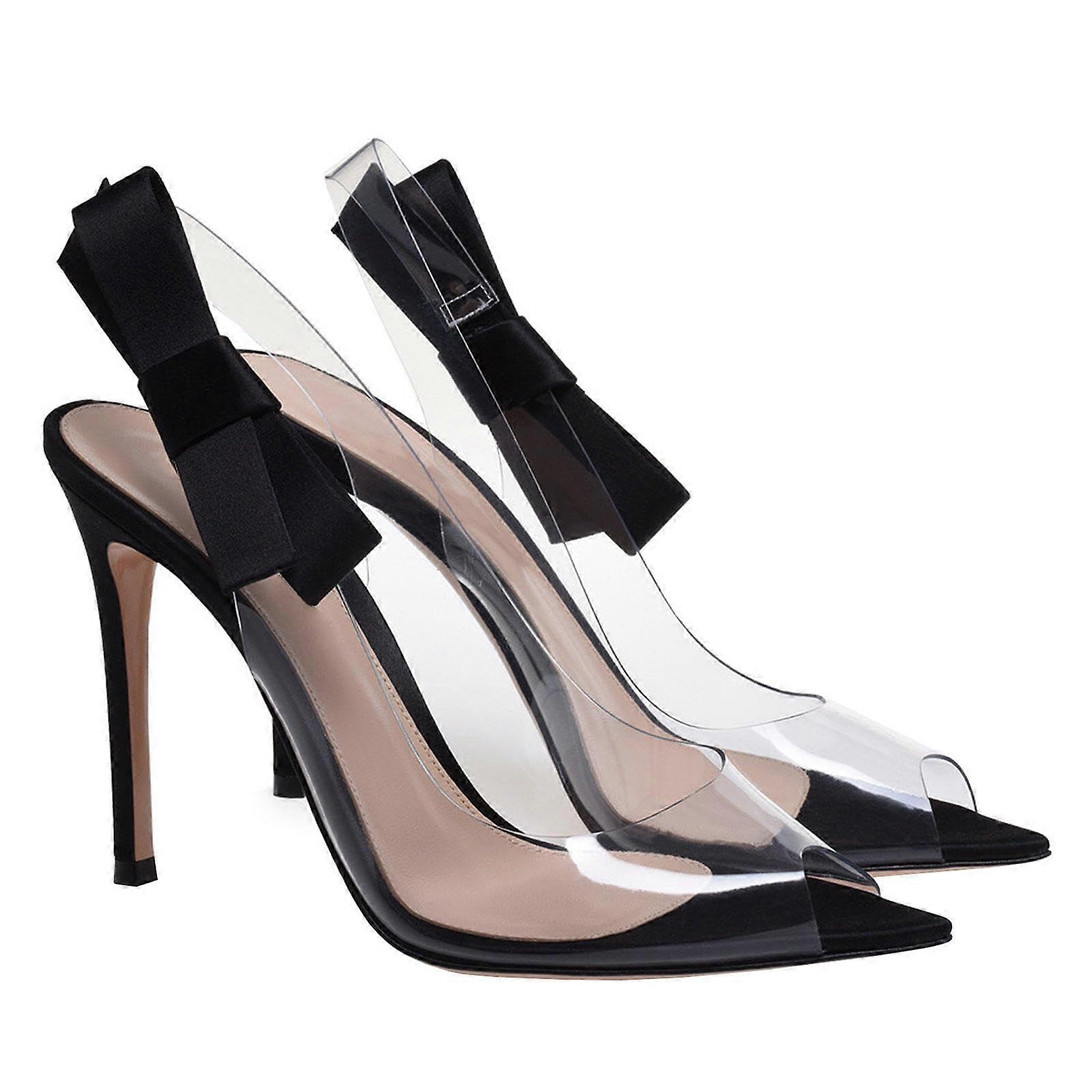 High Heels Women's Transparent Strap Open Toe Sandals Stiletto Slingback Bow Pumps 11 cm Heel Black EU 41
