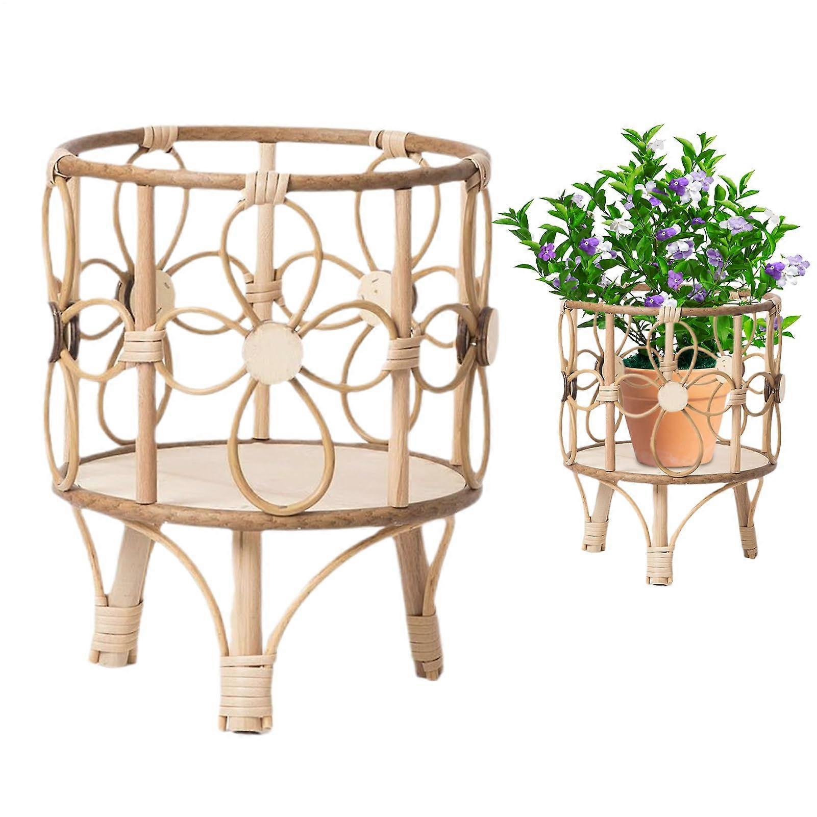 Rattan Plant Stand 11.02x8.27x7.87 Inches Indoor Rustic Stool Shelf Decorative Pot Holder for Balcony and Living Room